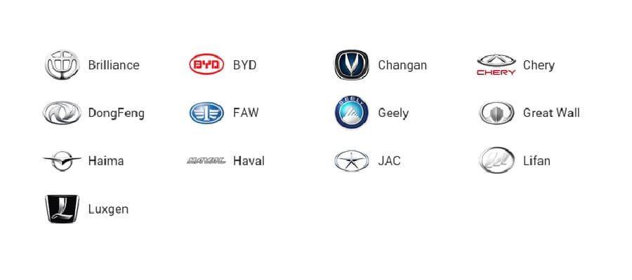 Марки китайских автомобилей со значками и названиями, эмблемы